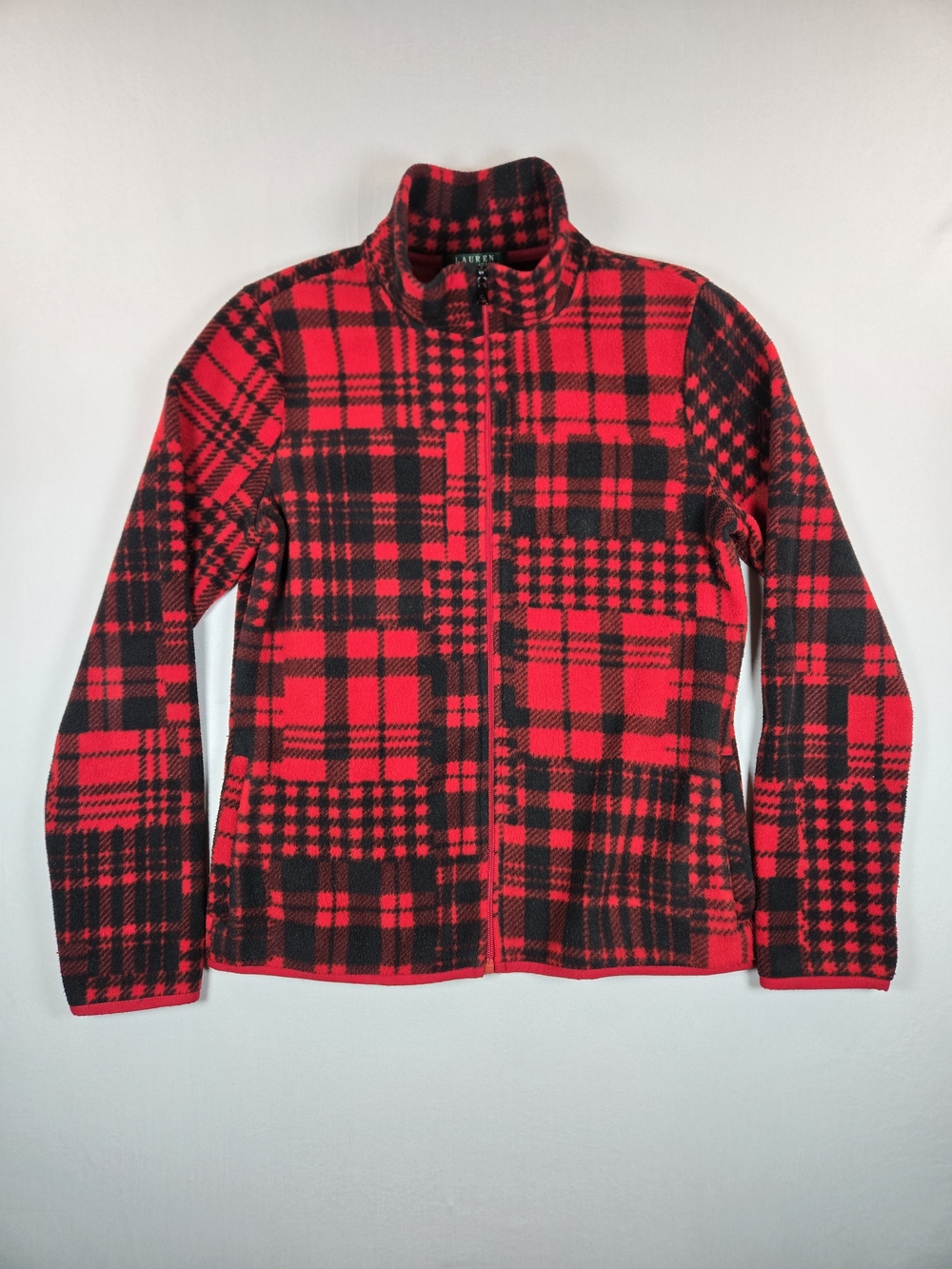 Lauren Ralph Lauren Red Black Patchwork Plaid Fleece Cozy Jacket Zip Up Medium